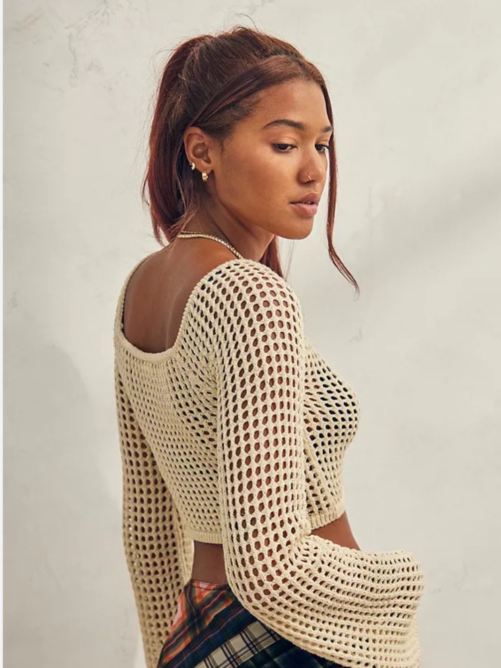Urban Outfitters Cream Open-Weave Cropped Sweater